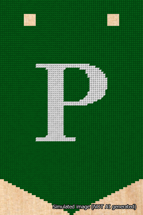 A simulated image of the stitched needlepoint design: Banner 18m Pointed P White on Green. Not A.I. generated.