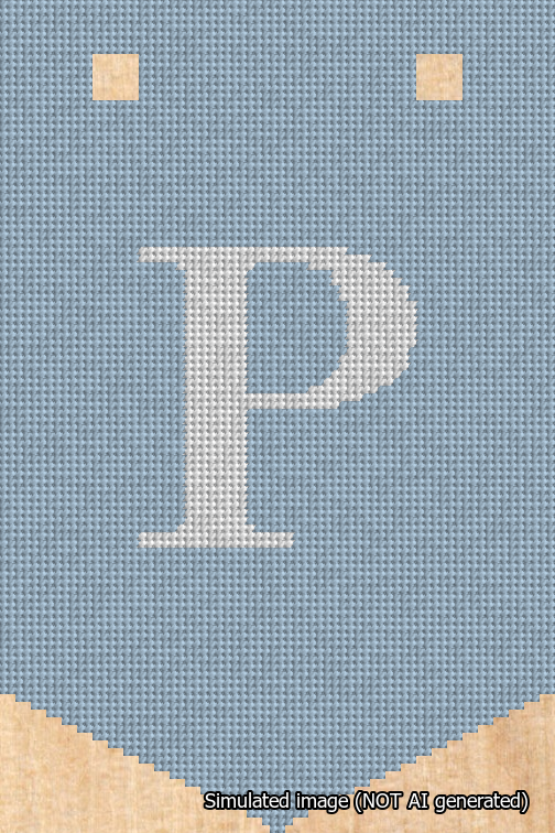 A simulated image of the stitched needlepoint design: Banner 18m Pointed P White on Light Blue. Not A.I. generated.