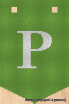 A simulated image of the stitched needlepoint design: Banner 18m Pointed P White on Light Green. Not A.I. generated.