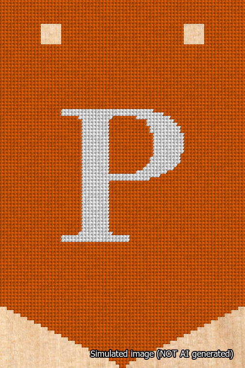 A simulated image of the stitched needlepoint design: Banner 18m Pointed P White on Orange. Not A.I. generated.