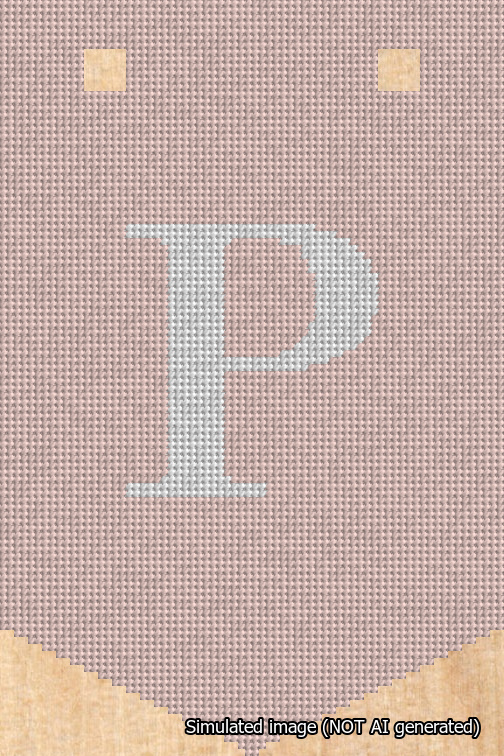 A simulated image of the stitched needlepoint design: Banner 18m Pointed P White on Pink. Not A.I. generated.