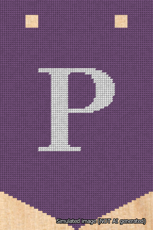 A simulated image of the stitched needlepoint design: Banner 18m Pointed P White on Purple. Not A.I. generated.