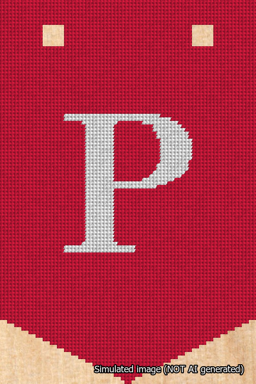 A simulated image of the stitched needlepoint design: Banner 18m Pointed P White on Red. Not A.I. generated.