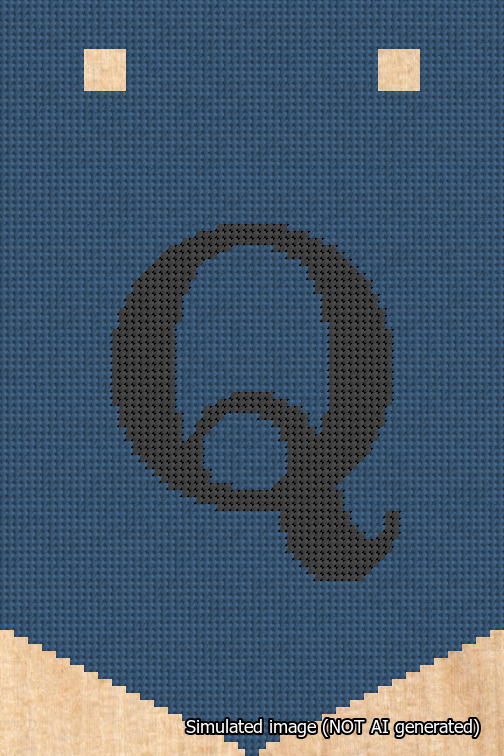A simulated image of the stitched needlepoint design: Banner 18m Pointed Q Black on Blue. Not A.I. generated.