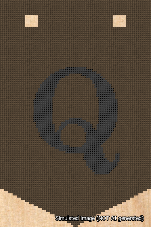 A simulated image of the stitched needlepoint design: Banner 18m Pointed Q Black on Brown. Not A.I. generated.
