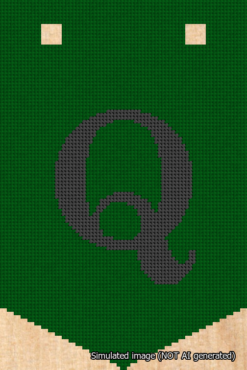 A simulated image of the stitched needlepoint design: Banner 18m Pointed Q Black on Green. Not A.I. generated.