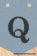 A simulated image of the stitched needlepoint design: Banner 18m Pointed Q Black on Light Blue. Not A.I. generated.