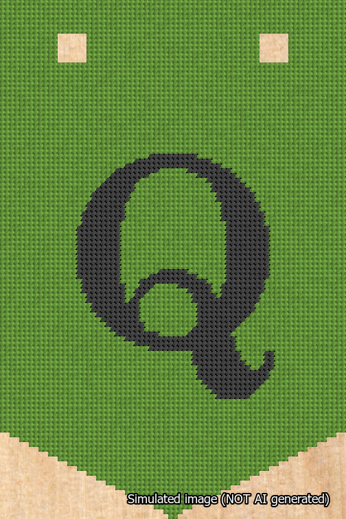 A simulated image of the stitched needlepoint design: Banner 18m Pointed Q Black on Light Green. Not A.I. generated.