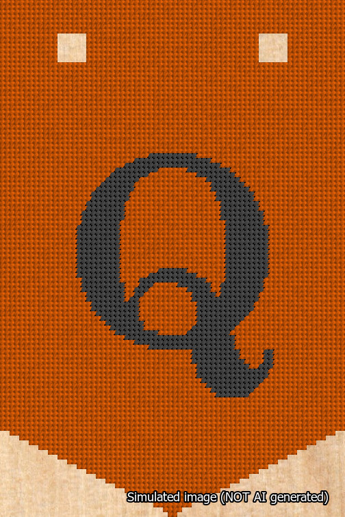 A simulated image of the stitched needlepoint design: Banner 18m Pointed Q Black on Orange. Not A.I. generated.