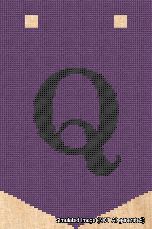 A simulated image of the stitched needlepoint design: Banner 18m Pointed Q Black on Purple. Not A.I. generated.