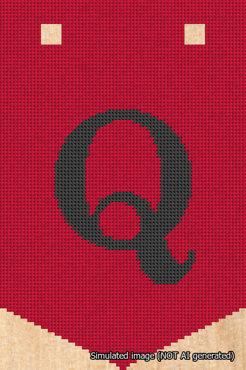 A simulated image of the stitched needlepoint design: Banner 18m Pointed Q Black on Red. Not A.I. generated.