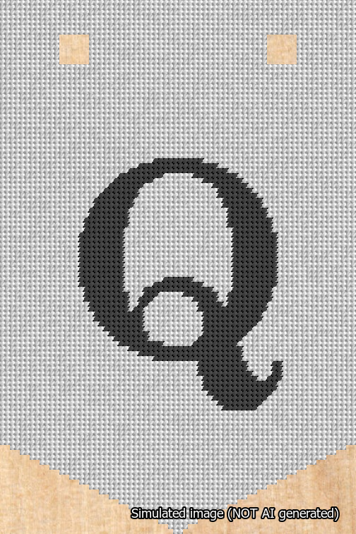 A simulated image of the stitched needlepoint design: Banner 18m Pointed Q Black on White. Not A.I. generated.