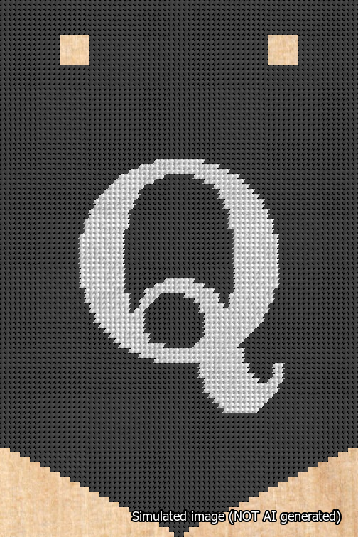 A simulated image of the stitched needlepoint design: Banner 18m Pointed Q White on Black. Not A.I. generated.