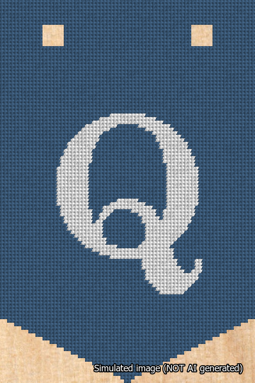 A simulated image of the stitched needlepoint design: Banner 18m Pointed Q White on Blue. Not A.I. generated.