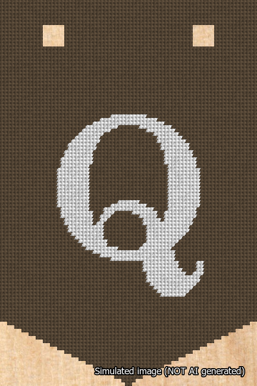 A simulated image of the stitched needlepoint design: Banner 18m Pointed Q White on Brown. Not A.I. generated.