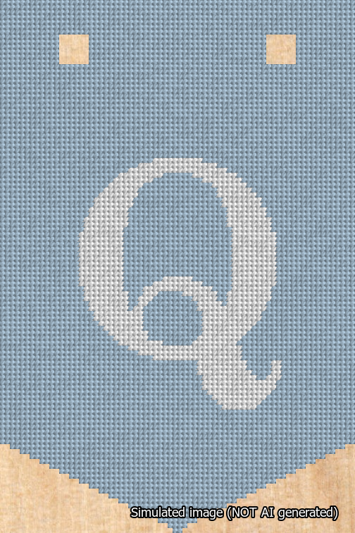A simulated image of the stitched needlepoint design: Banner 18m Pointed Q White on Light Blue. Not A.I. generated.