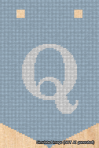 A simulated image of the stitched needlepoint design: Banner 18m Pointed Q White on Light Blue. Not A.I. generated.
