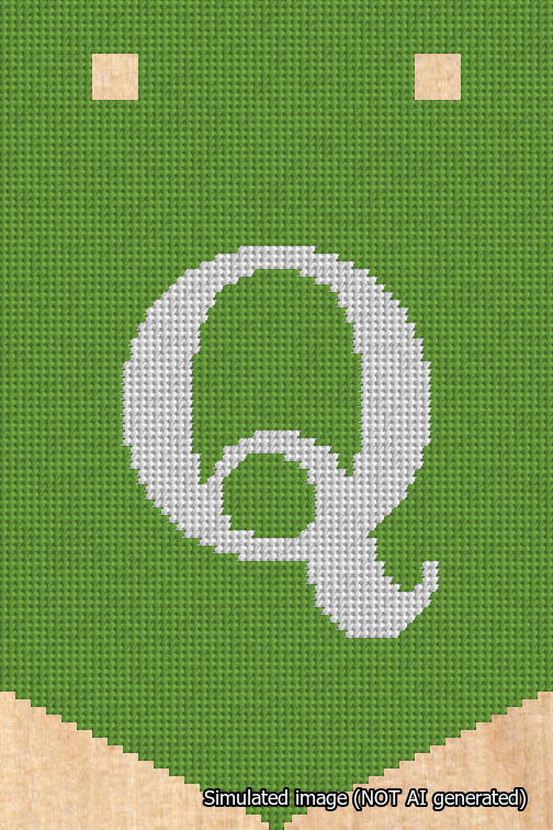 A simulated image of the stitched needlepoint design: Banner 18m Pointed Q White on Light Green. Not A.I. generated.