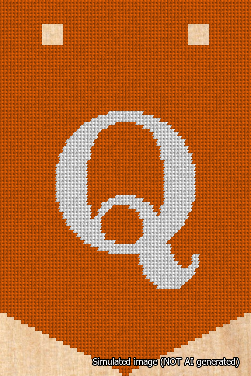 A simulated image of the stitched needlepoint design: Banner 18m Pointed Q White on Orange. Not A.I. generated.