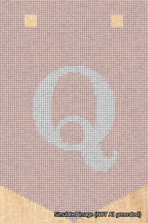 A simulated image of the stitched needlepoint design: Banner 18m Pointed Q White on Pink. Not A.I. generated.