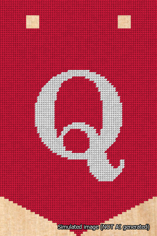 A simulated image of the stitched needlepoint design: Banner 18m Pointed Q White on Red. Not A.I. generated.