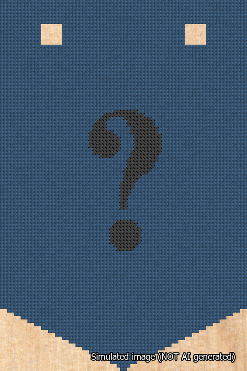 A simulated image of the stitched needlepoint design: Banner 18m Pointed Question Black on Blue. Not A.I. generated.
