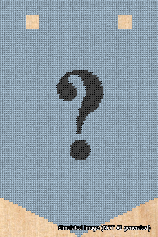 A simulated image of the stitched needlepoint design: Banner 18m Pointed Question Black on Light Blue. Not A.I. generated.