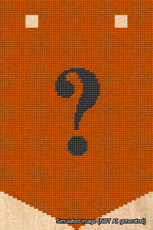 A simulated image of the stitched needlepoint design: Banner 18m Pointed Question Black on Orange. Not A.I. generated.