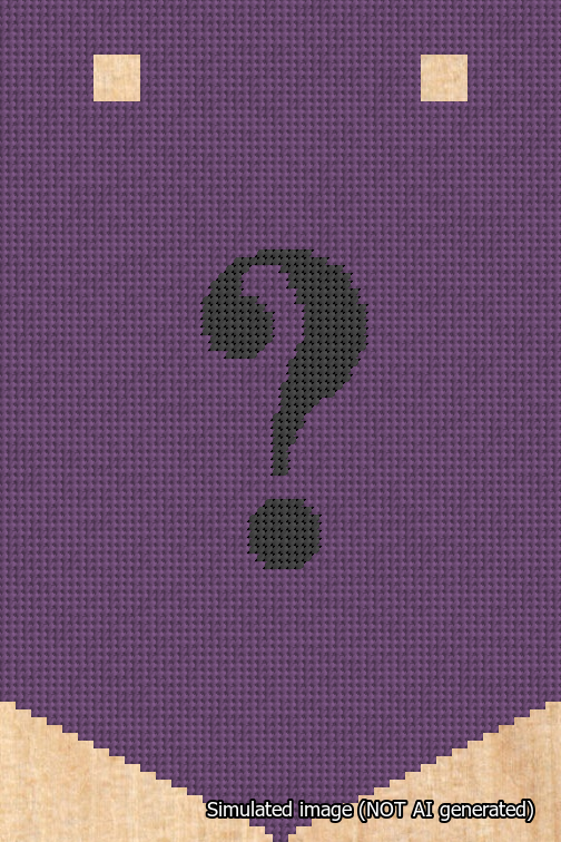 A simulated image of the stitched needlepoint design: Banner 18m Pointed Question Black on Purple. Not A.I. generated.