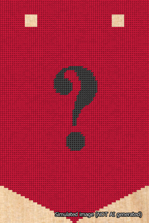 A simulated image of the stitched needlepoint design: Banner 18m Pointed Question Black on Red. Not A.I. generated.