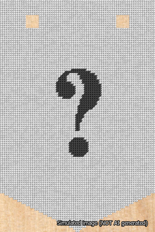 A simulated image of the stitched needlepoint design: Banner 18m Pointed Question Black on White. Not A.I. generated.