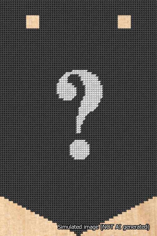 A simulated image of the stitched needlepoint design: Banner 18m Pointed Question White on Black. Not A.I. generated.