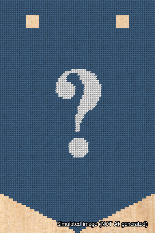 A simulated image of the stitched needlepoint design: Banner 18m Pointed Question White on Blue. Not A.I. generated.