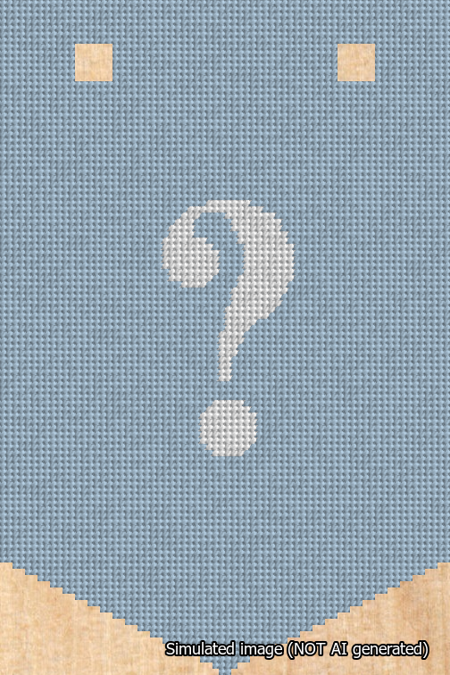 A simulated image of the stitched needlepoint design: Banner 18m Pointed Question White on Light Blue. Not A.I. generated.