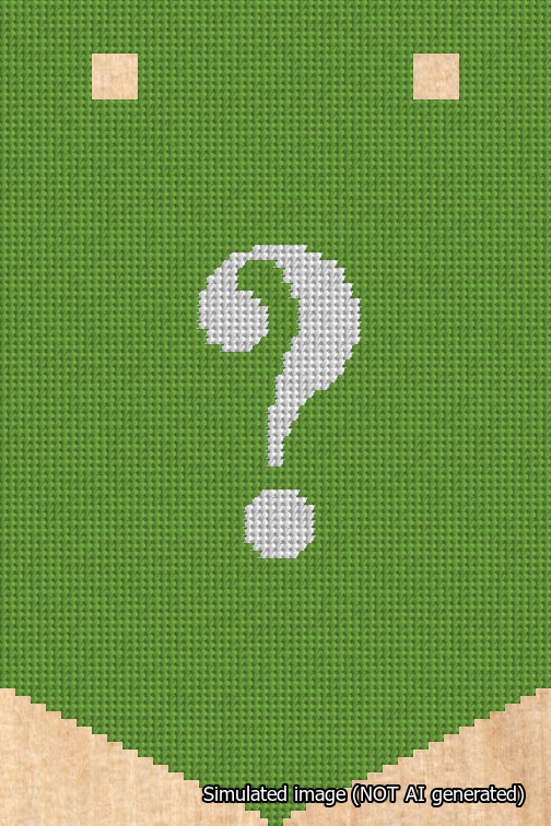 A simulated image of the stitched needlepoint design: Banner 18m Pointed Question White on Light Green. Not A.I. generated.