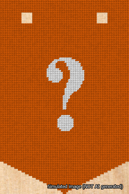 A simulated image of the stitched needlepoint design: Banner 18m Pointed Question White on Orange. Not A.I. generated.