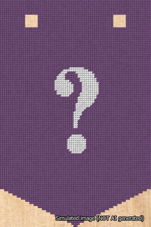 A simulated image of the stitched needlepoint design: Banner 18m Pointed Question White on Purple. Not A.I. generated.