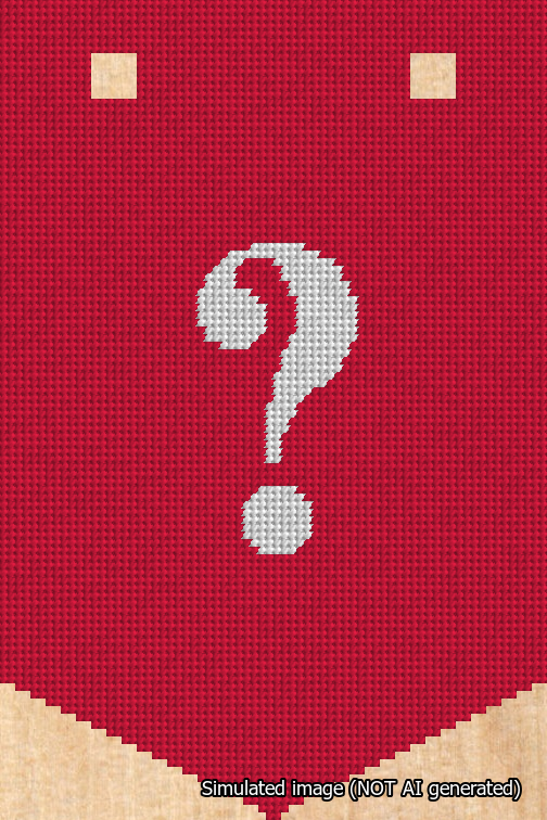 A simulated image of the stitched needlepoint design: Banner 18m Pointed Question White on Red. Not A.I. generated.