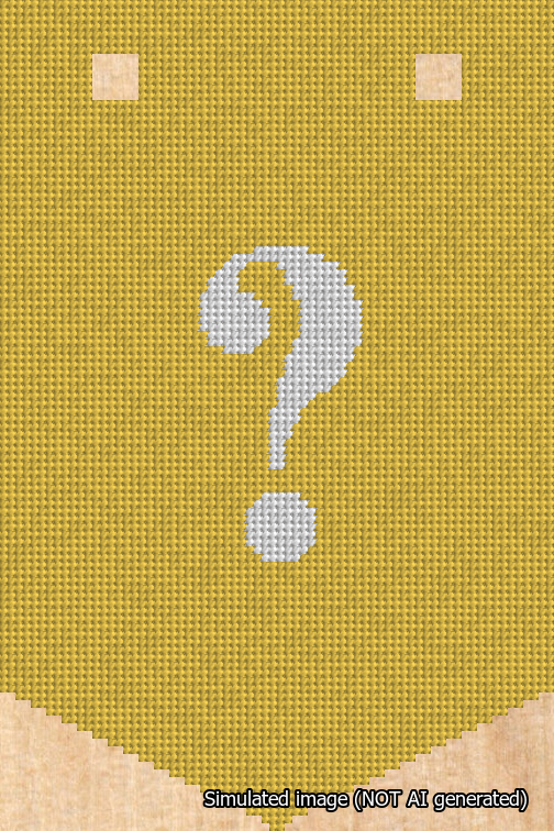 A simulated image of the stitched needlepoint design: Banner 18m Pointed Question White on Yellow. Not A.I. generated.