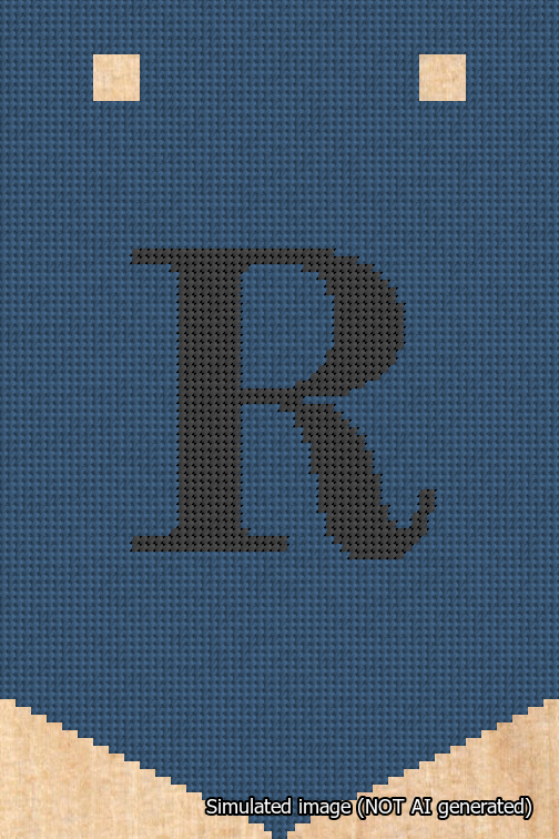 A simulated image of the stitched needlepoint design: Banner 18m Pointed R Black on Blue. Not A.I. generated.