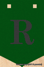 A simulated image of the stitched needlepoint design: Banner 18m Pointed R Black on Green. Not A.I. generated.