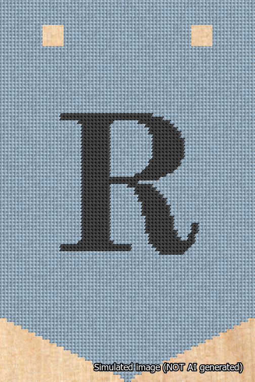 A simulated image of the stitched needlepoint design: Banner 18m Pointed R Black on Light Blue. Not A.I. generated.