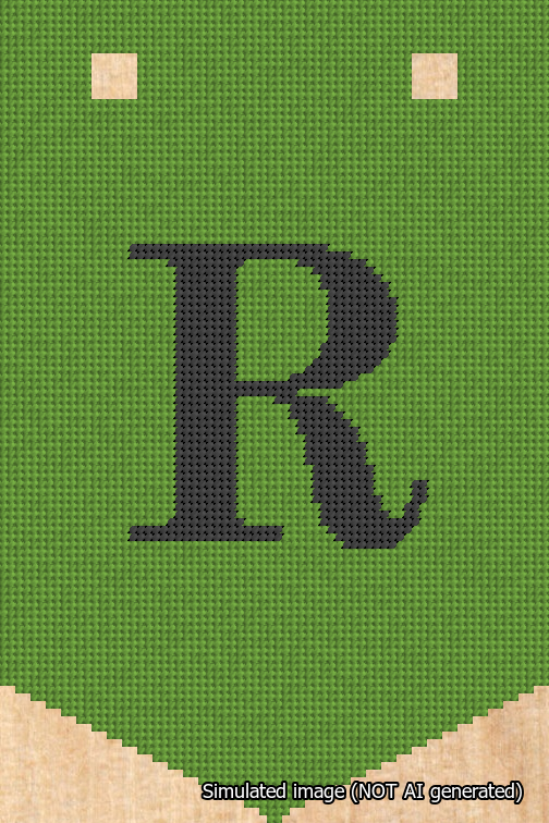 A simulated image of the stitched needlepoint design: Banner 18m Pointed R Black on Light Green. Not A.I. generated.