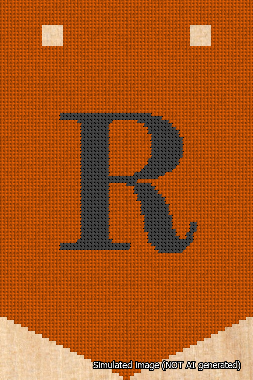 A simulated image of the stitched needlepoint design: Banner 18m Pointed R Black on Orange. Not A.I. generated.