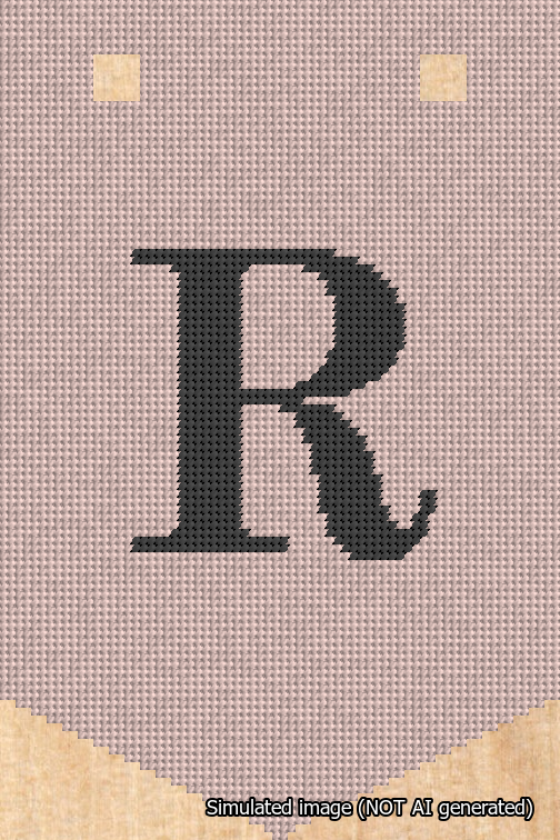 A simulated image of the stitched needlepoint design: Banner 18m Pointed R Black on Pink. Not A.I. generated.