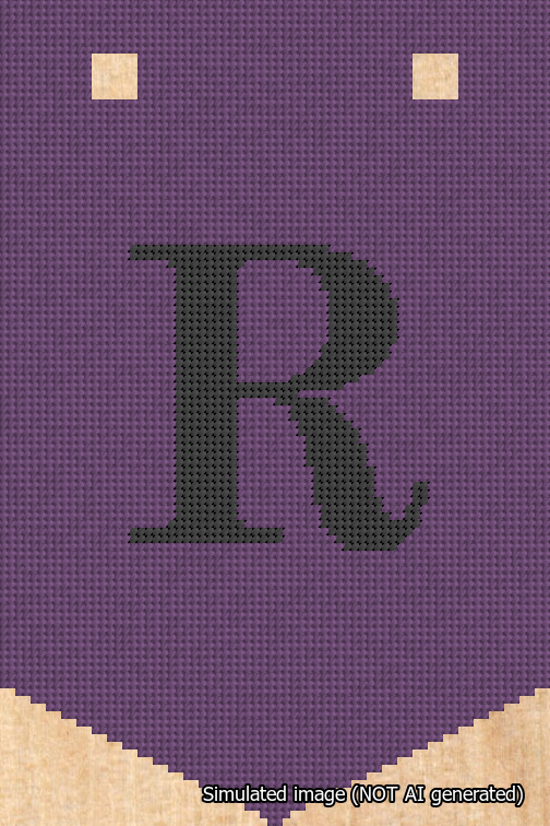 A simulated image of the stitched needlepoint design: Banner 18m Pointed R Black on Purple. Not A.I. generated.
