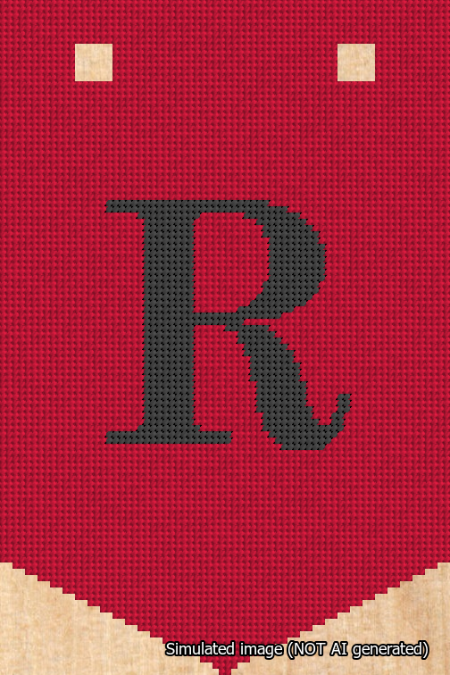 A simulated image of the stitched needlepoint design: Banner 18m Pointed R Black on Red. Not A.I. generated.