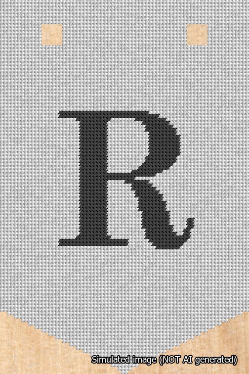 A simulated image of the stitched needlepoint design: Banner 18m Pointed R Black on White. Not A.I. generated.