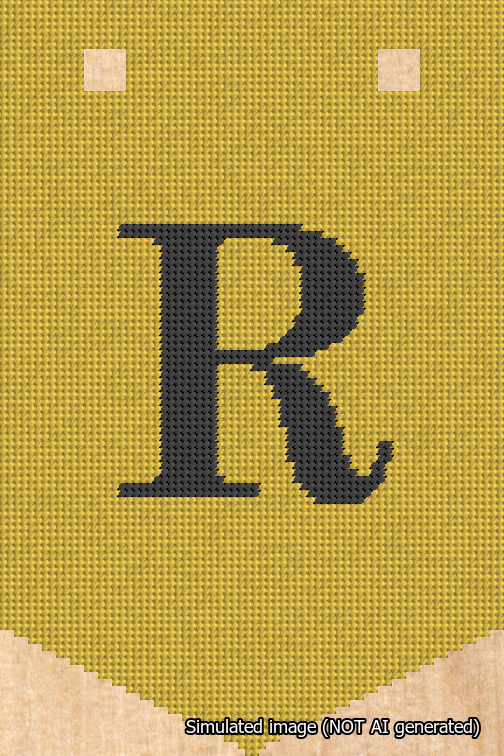 A simulated image of the stitched needlepoint design: Banner 18m Pointed R Black on Yellow. Not A.I. generated.