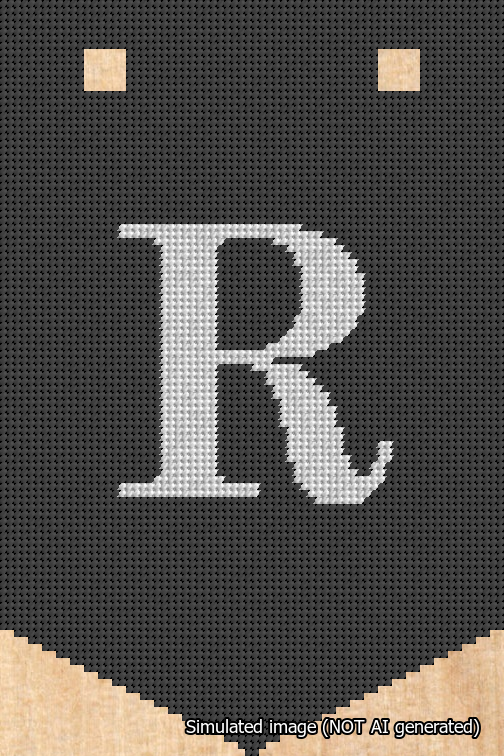 A simulated image of the stitched needlepoint design: Banner 18m Pointed R White on Black. Not A.I. generated.